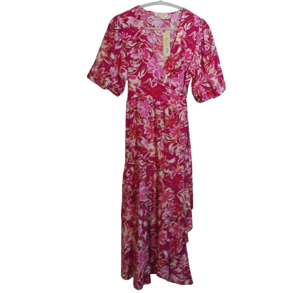 Doe and Rae Fuchsia Pink Floral Puff Sleeve Wrap Midi Dress Size Small